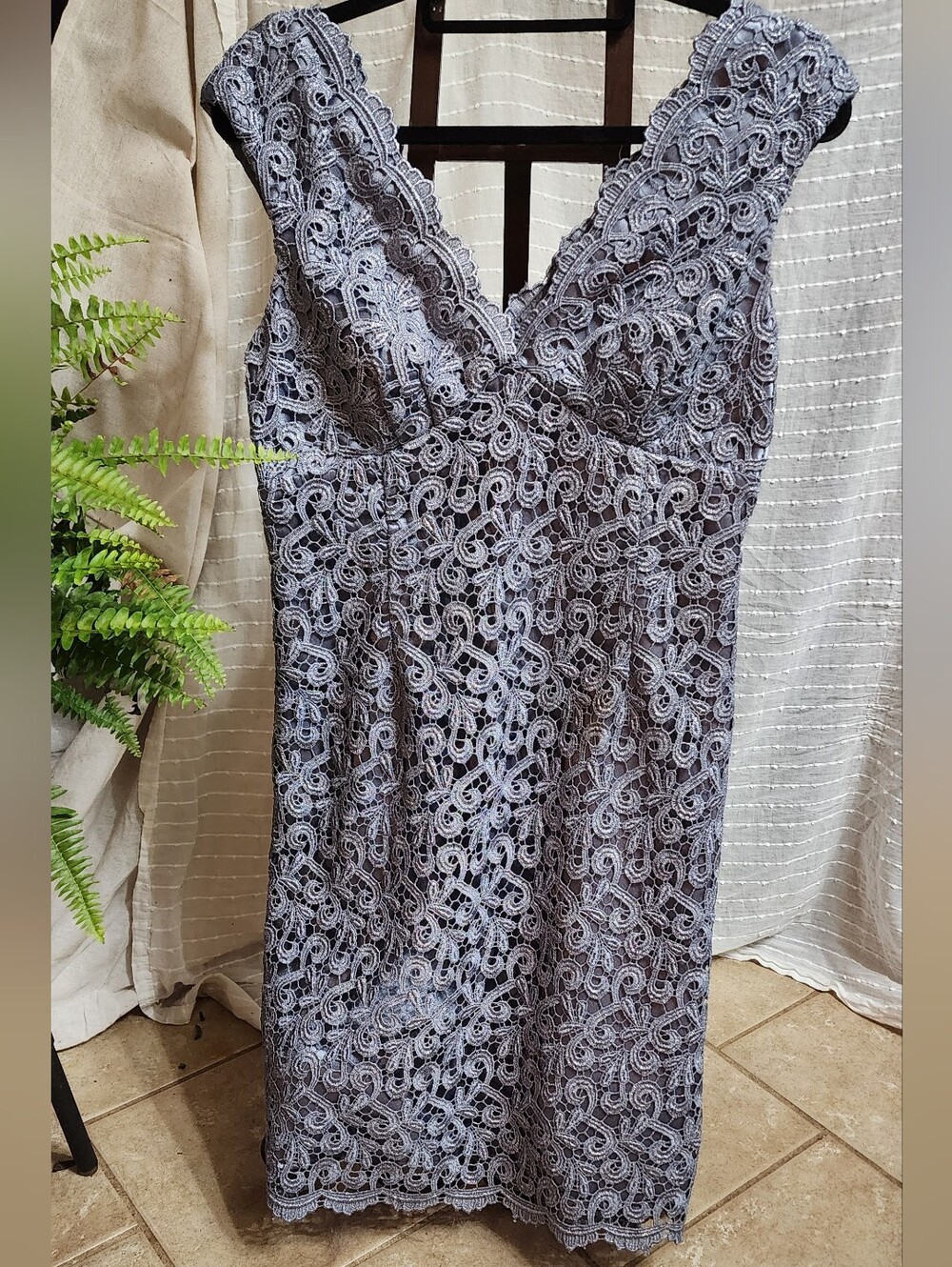 MARINA Lace V-Neck Midi Dress in Light Gray